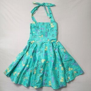 Pinup Couture Atomic Dress Fit Flare XL Teal 50s Retro Halter Rockabilly Vanity